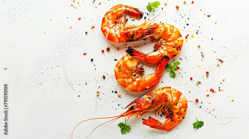 Top view of roasted shrimp on a clean light background. Copy space, aesthetic restaurant template. Generative AI