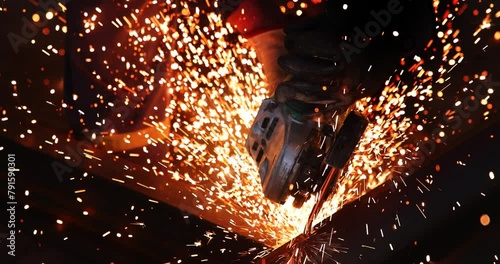 Steel worker grinding a metal construction with grinder in the factory, close up slow motion photo