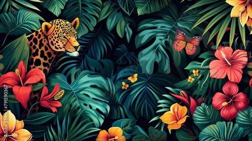 A seamless tropical pattern with a jaguar, butterflies, hibiscus flowers, and palm leaves.