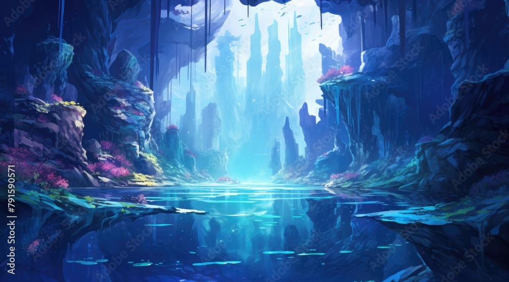 Sapphire grotto with glowing crystals, magical seasonal ambiance - obrazy, fototapety, plakaty 