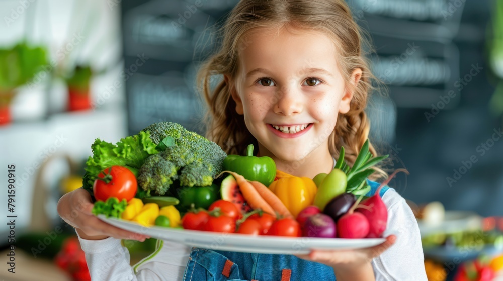 A happy child holding a plate of colorful fruits and vegetables, showcasing the importance of a balanced diet for health