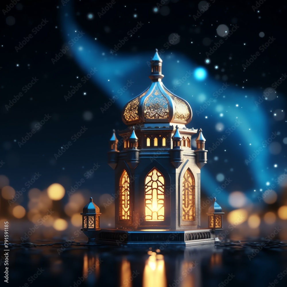 Eid mubarak and ramadan kareem greetings with islamic lantern and mosque. Eid al fitr background
