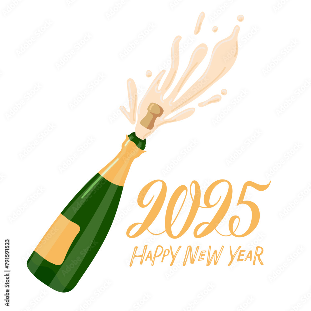 2025 Happy new year. Champagne Bottle Exploding for celebration, holiday, anniversary. Vector