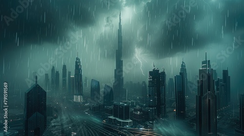 A storm and rain sweep through the city of Dubai. Generative AI. photo