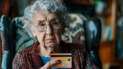 Cautious Elderly Woman Holding Credit Card photo