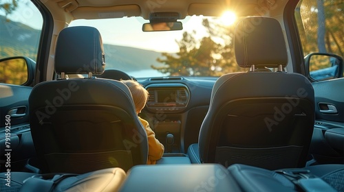 The car seat is equipped with a child back support and headrest, which can hold children up to the age of three years old when sitting in front or rear seats. Generative AI. © visoot