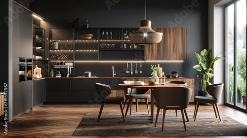 An inviting kitchen area with modern interior design featuring a wooden dining set against a backdrop of a dark classic wall.