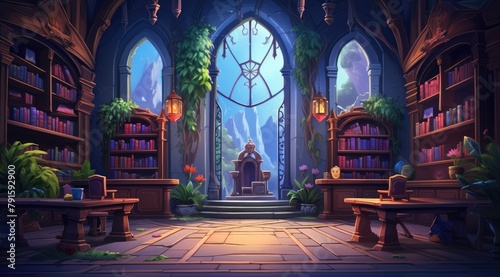 Magical library with arched windows  lush plants  and mystical statues