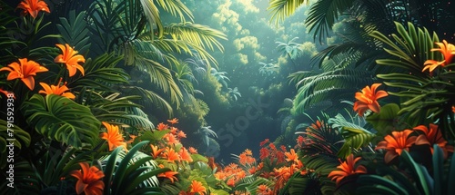 A lush tropical jungle with bright orange flowers and green foliage photo