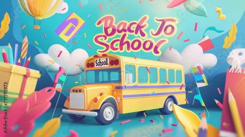 Vibrant Color  Back To School  background concept design. Geometrical flat style illustration  banner and poster. School supplies  backpack and yellow school bus.