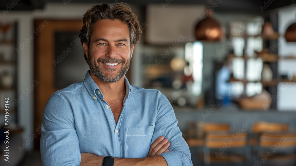 Happy young smiling confident professional business man wearing blue shirt, pretty stylish male executive looking at camera, standing arms crossed at grey background concept. Happy young smiling confident professional business man wearing blue shirt, pretty stylish male executive looking at camera, standing arms crossed at grey background concept.