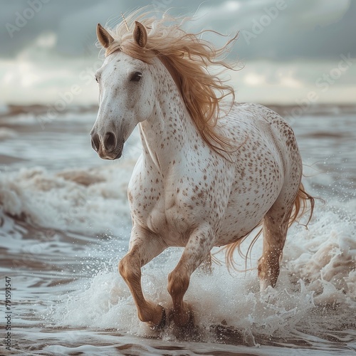 A white wild horse galloping on the beach