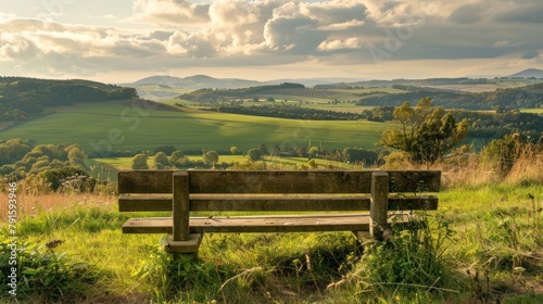 A peaceful countryside scene with a rustic wooden bench overlooking rolling hills and fields, inviting moments of quiet reflection.