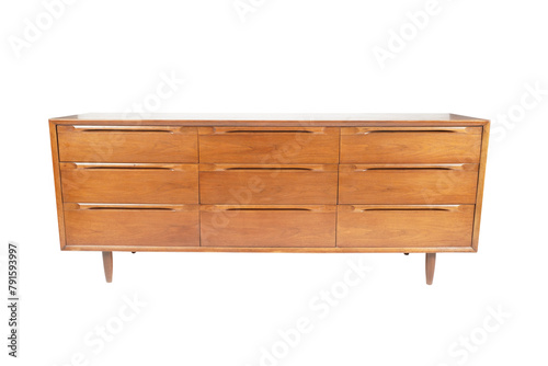 Office furniture. Wooden credenza closed on white background.png/chest of drawers with veneer and painted wood trim in a modern classic style on a white background