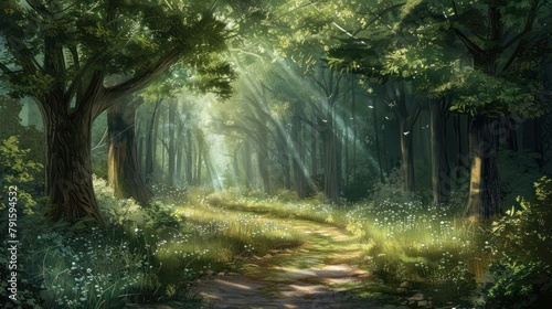 A peaceful forest path dappled with sunlight filtering through the trees  beckoning wanderers to embark on a journey of tranquility