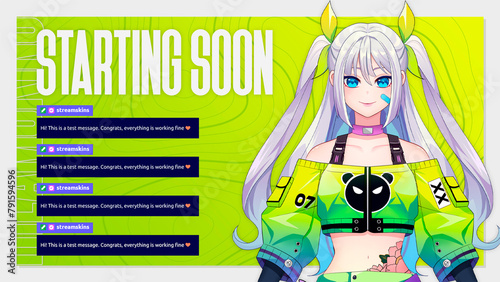 colorful futuristic vtuber starting soon scene. the girl with a banner