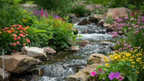 Fototapeta Naklejka Na Ścianę i Meble -  A peaceful garden with blooming flowers and a flowing stream, offering a serene sanctuary for reflection and contemplation
