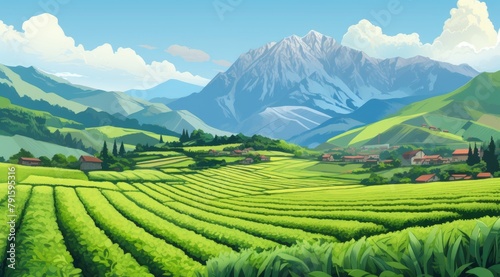 Lush terraced farms on mountain slopes with a village and towering peaks