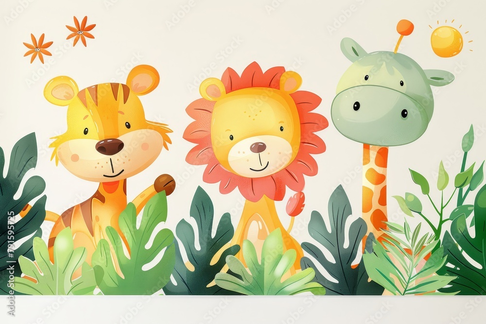 Naklejka premium A cute cartoon illustration of a lion, tiger, and giraffe with a white background and green leaves at the bottom.