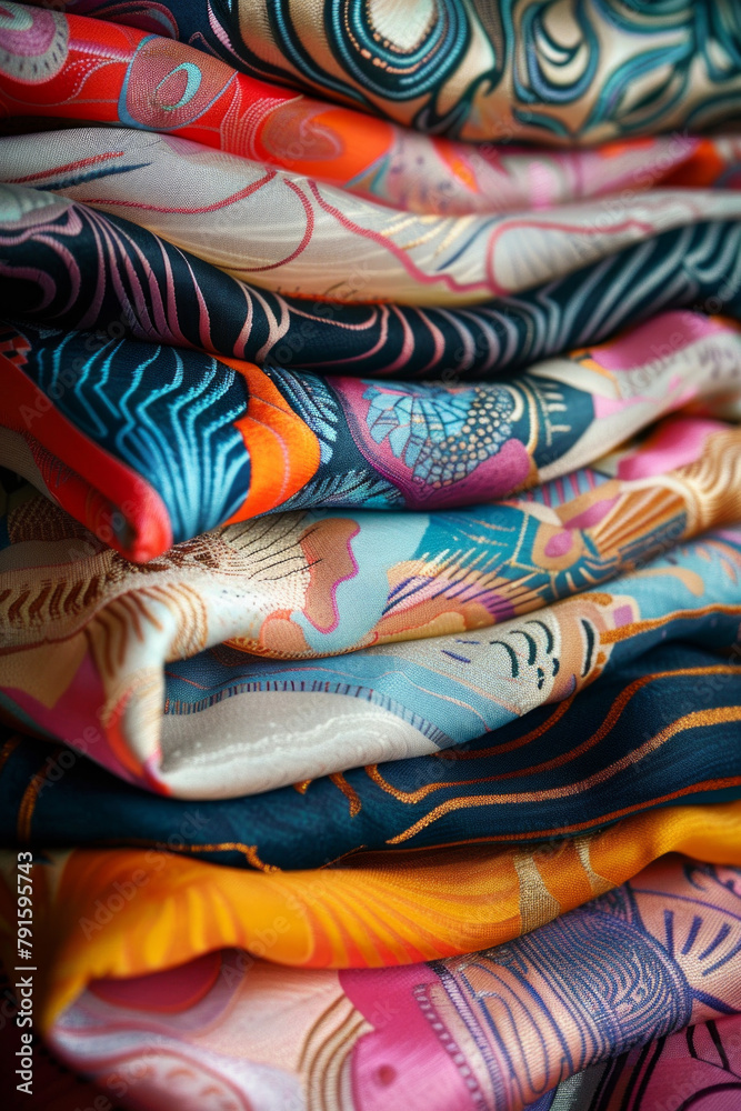 A stack of luxurious garments adorned with a captivating fusion of abstract patterns and high-fashion flair, isolated A stack of luxurious garments adorned with a captivating fusion of abstract patterns and high-fashion flair, isolated