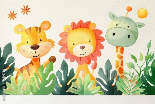 A cute cartoon illustration of a lion, tiger, and giraffe with a white background and green leaves at the bottom. © Seksan