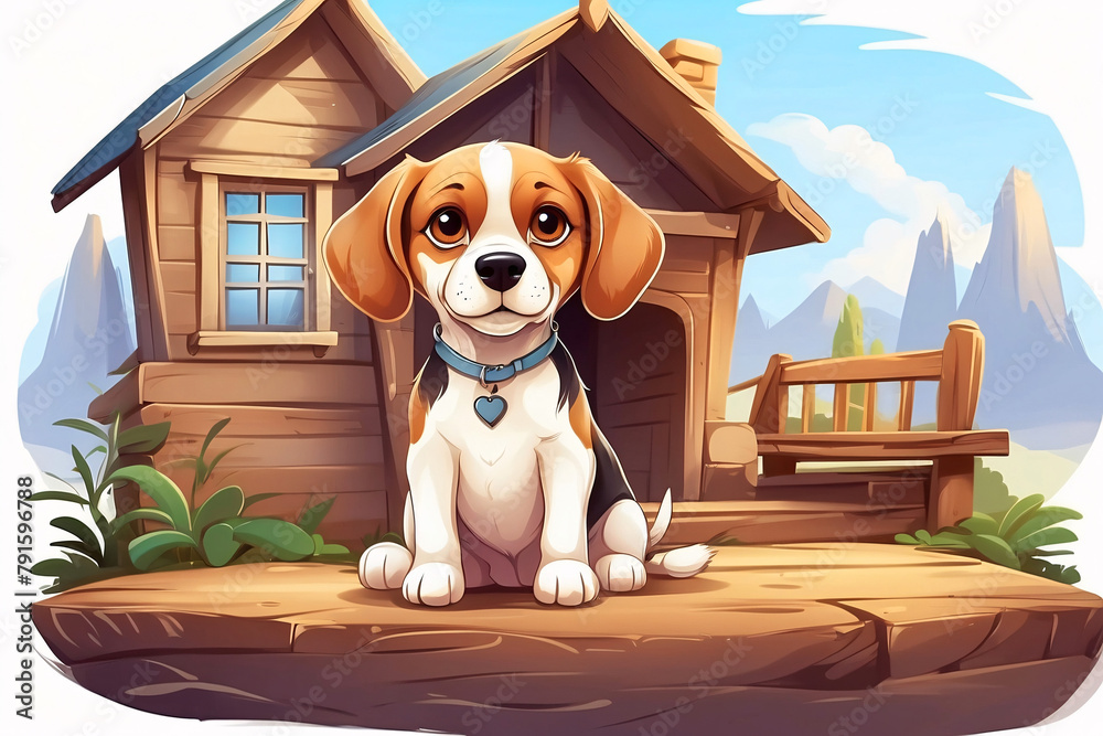 Cartoon beagle with a whimsical expression waits patiently on a wooden ...