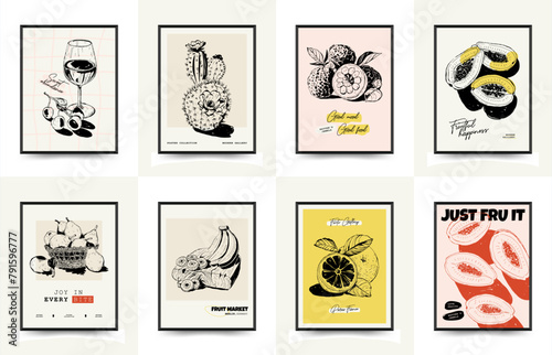 Abstract fruits posters template. Modern trendyи minimal style. Exotic Healthy Food. Hand drawn design for wallpaper, wall decor, print, postcard, cover, template, banner.