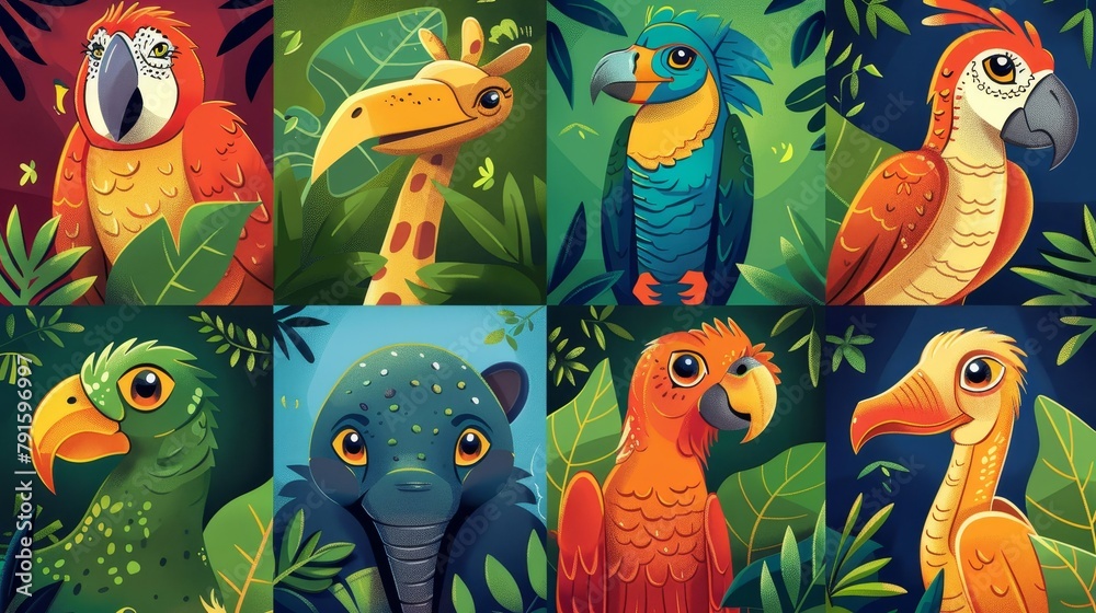 Naklejka premium A cartoon illustration of a giraffe, elephant, macaw, parrot, and toucan in a jungle setting.
