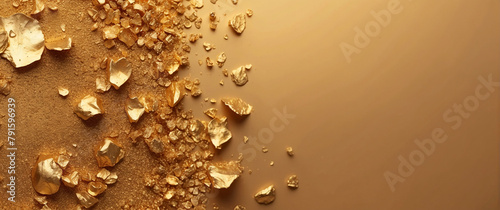 Elegantly scattered golden flakes over a smooth gradient backdrop; a concept of luxury and wealth photo