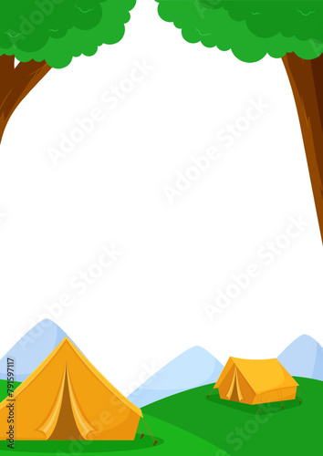Vector illustration of empty border with trees and camp on transparent background