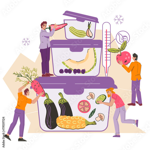 Frozen Food and leftovers storage concept, flat vector illustration isolated on white background. Keeping food fresh and safe for consumption, saving and reducing food waste.