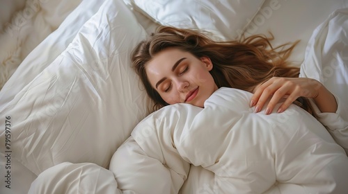 Young beautiful woman sleeping peacefully in a white bed