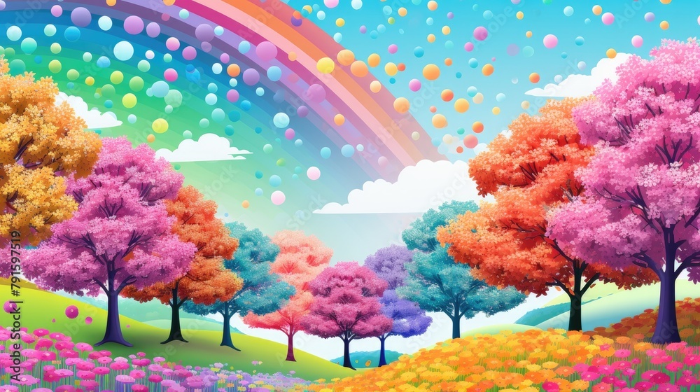 Spring Landscape with Colorful Flowers Trees and Rainbow in Blue Magical Sky with Fluffy Clouds,  Seamless Pattern Over a Simple Pink Field Background
