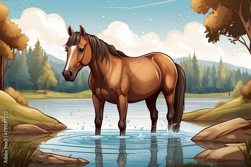 Detailed digital illustration of a majestic brown horse standing beside a tranquil pond, surrounded by a lush green forest and serene landscape