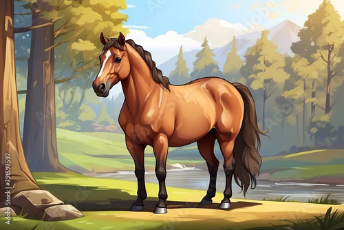Artistic digital drawing of a sleek brown horse standing proudly in a bright and welcoming forest clearing with rays of sunlight