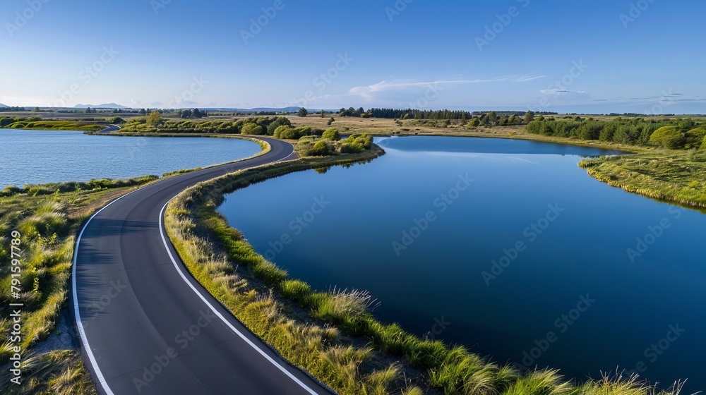 A circular asphalt road wraps around a lake under a clear blue sky