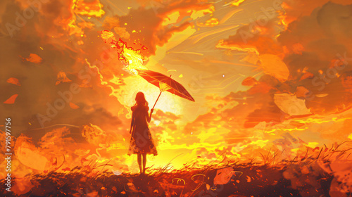 Mysterious woman holds the burning umbrella 