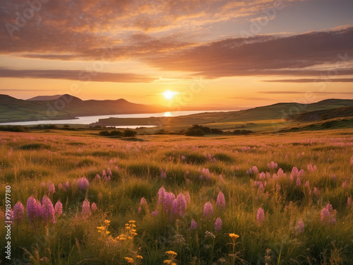  Beautiful landscape with wildflowers at sunset