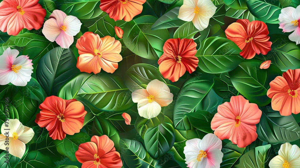 Colorful Spring Flowers on a Background of Green Leaves, Seamless Pattern Watercolor Illustration for Wallpaper and Art Colorful Spring Flowers on a Background of Green Leaves, Seamless Pattern Watercolor Illustration for Wallpaper and Art