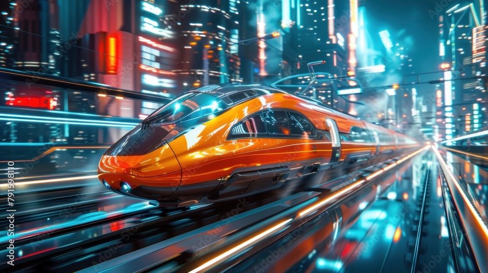 High-speed train zooming with motion blur through a futuristic neon-lit cityscape at night. High-speed train zooming with motion blur through a futuristic neon-lit cityscape at night.