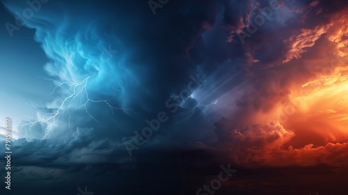 A composite image shows a blurred blue sky, a stormy sky with dark clouds at night, and lightning, emphasizing the theme of weather forecasting photo