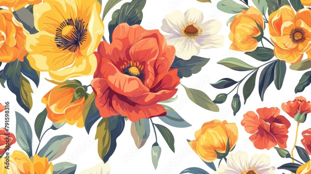 Colorful Spring Flowers on Tree Branch, Seamless Pattern on a White Floral Background