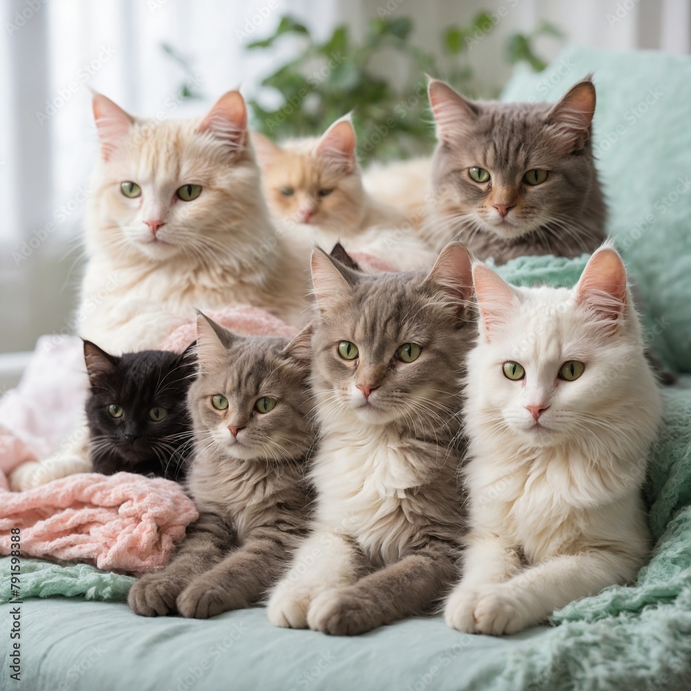 Eight feline companions nestled together on blanket, creating beautiful tableau of tranquility, comfort. Blanket, soft, cozy, cradles these feline friends, their eyes wide, alert.