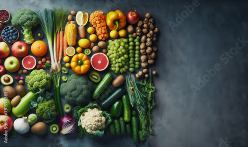 Frische Obst und Gemüsesorten auf einem dunklen Hintergrund mit copy space photo