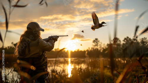 Female hunter aiming at flying ducks at sunset.