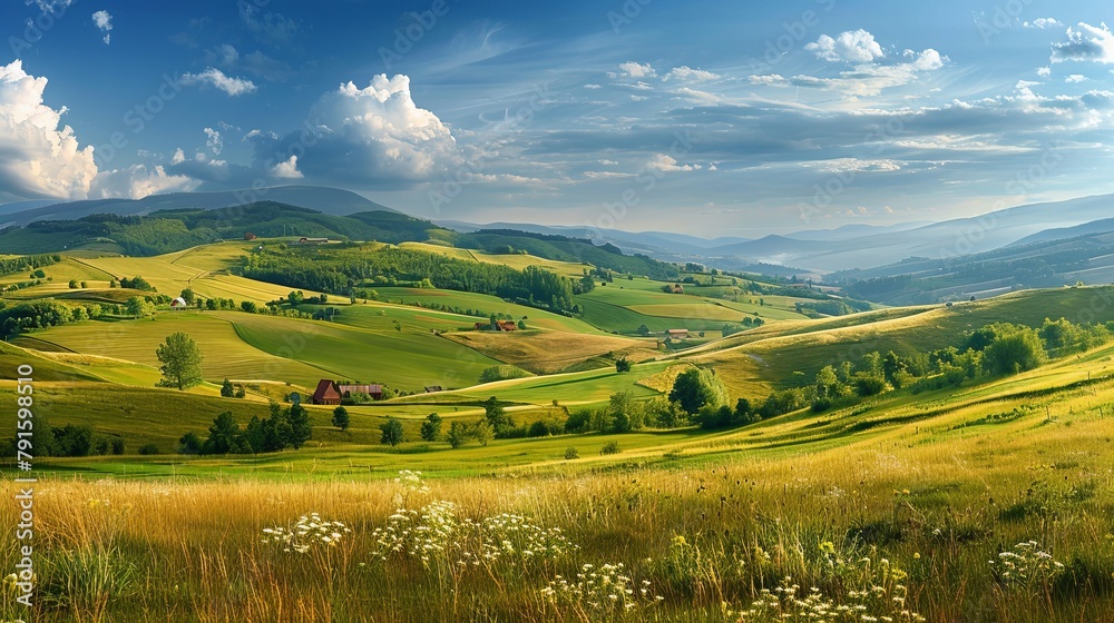 A panoramic view of the beautiful Romanian countryside shows a sunny afternoon with rolling hills and a grassy field, epitomizing a peaceful spring landscape