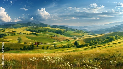 A panoramic view of the beautiful Romanian countryside shows a sunny afternoon with rolling hills and a grassy field, epitomizing a peaceful spring landscape photo