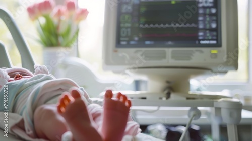 Baby Laying in Hospital Bed Next to Monitor photo