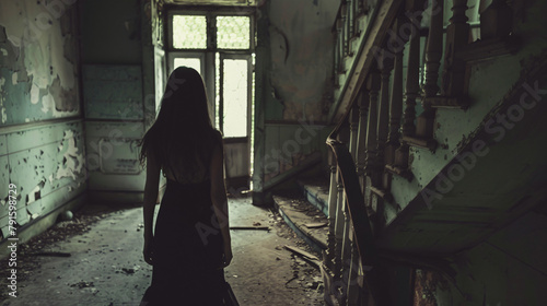 Mysterious young woman in an abandoned house