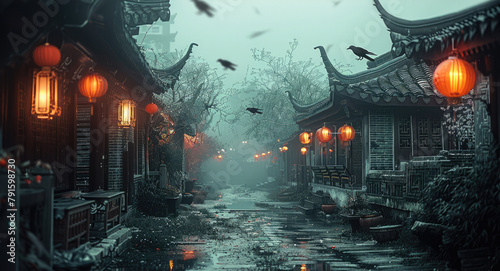 A relatively desolate ancient Chinese village  list with some red lanterns  crows. Generative AI.
